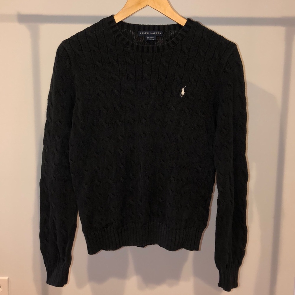 Ralph Lauren Black cable knit crew w/ white horse